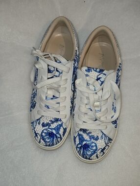 Betsey Johnson White Sneakers with Blue Floral Crystal Accents